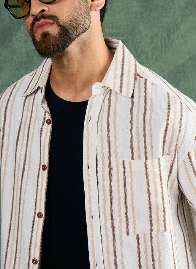 CHIMPAAANZEE Men Oversized Fit Vertical Striped Spread Collar Casual Shirt - Image 3